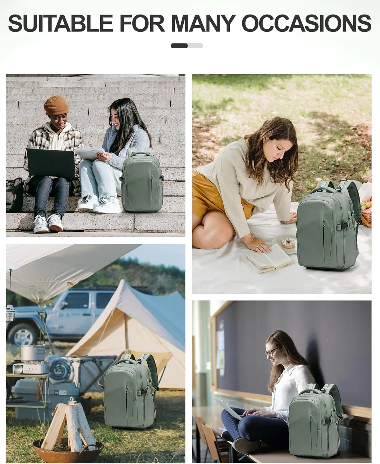 Sage Green Travel Backpack for Women Mens Backpack Carry On Flight Approved personal item bag, 14 Inch Anti Theft Laptop Backpack Waterproof for Weekender Traveling Hiking