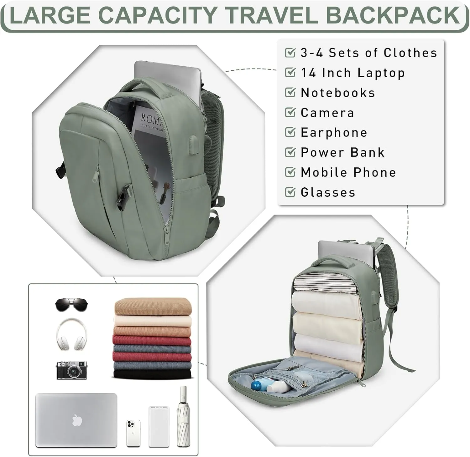 Sage Green Travel Backpack for Women Mens Backpack Carry On Flight Approved personal item bag, 14 Inch Anti Theft Laptop Backpack Waterproof for Weekender Traveling Hiking