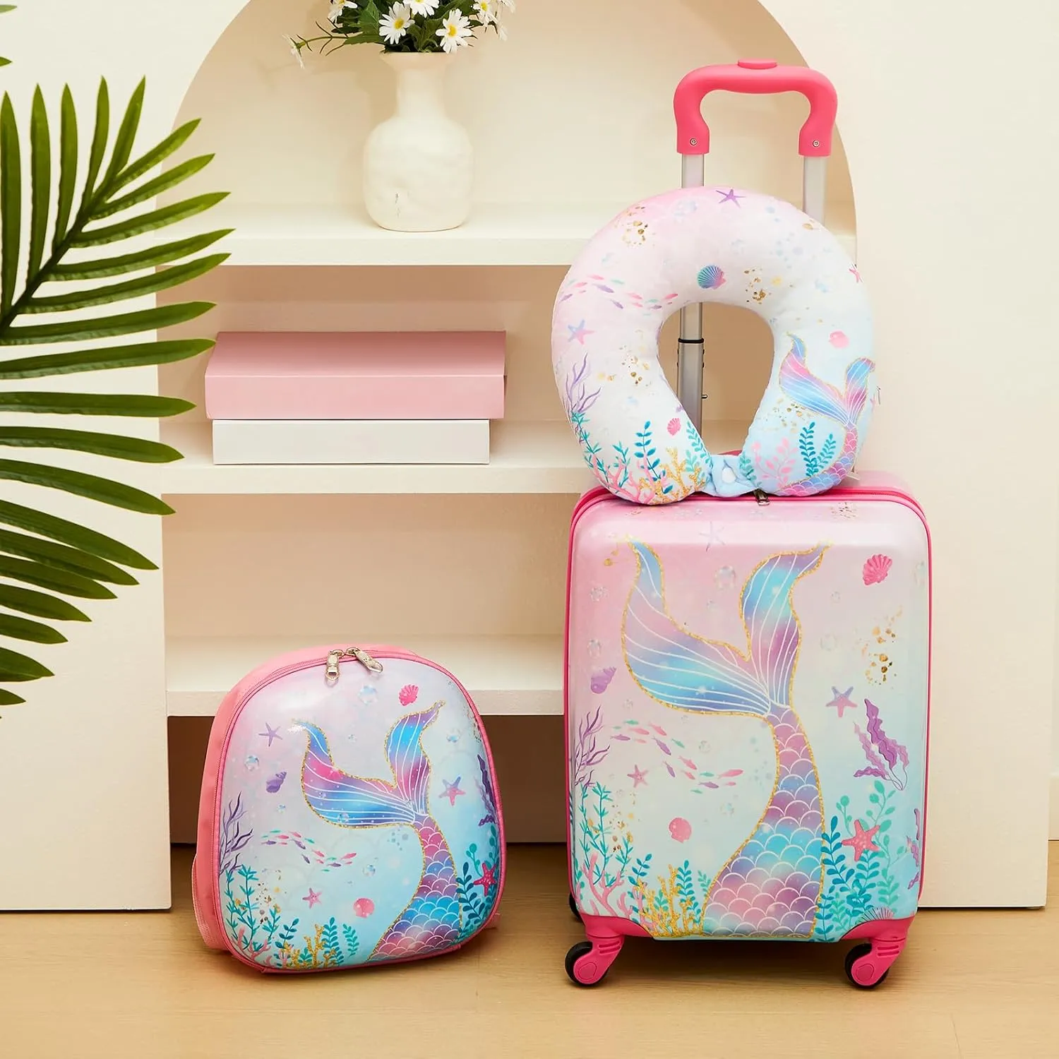 Sanwuta 4 Pcs Kids Luggage Set Kids Backpack Travel Rolling Suitcase with Wheels U-shape Pillow Childrens Gift for Girls Boys(17 Inch,Mermaid's Tail Style,Blue Purple)