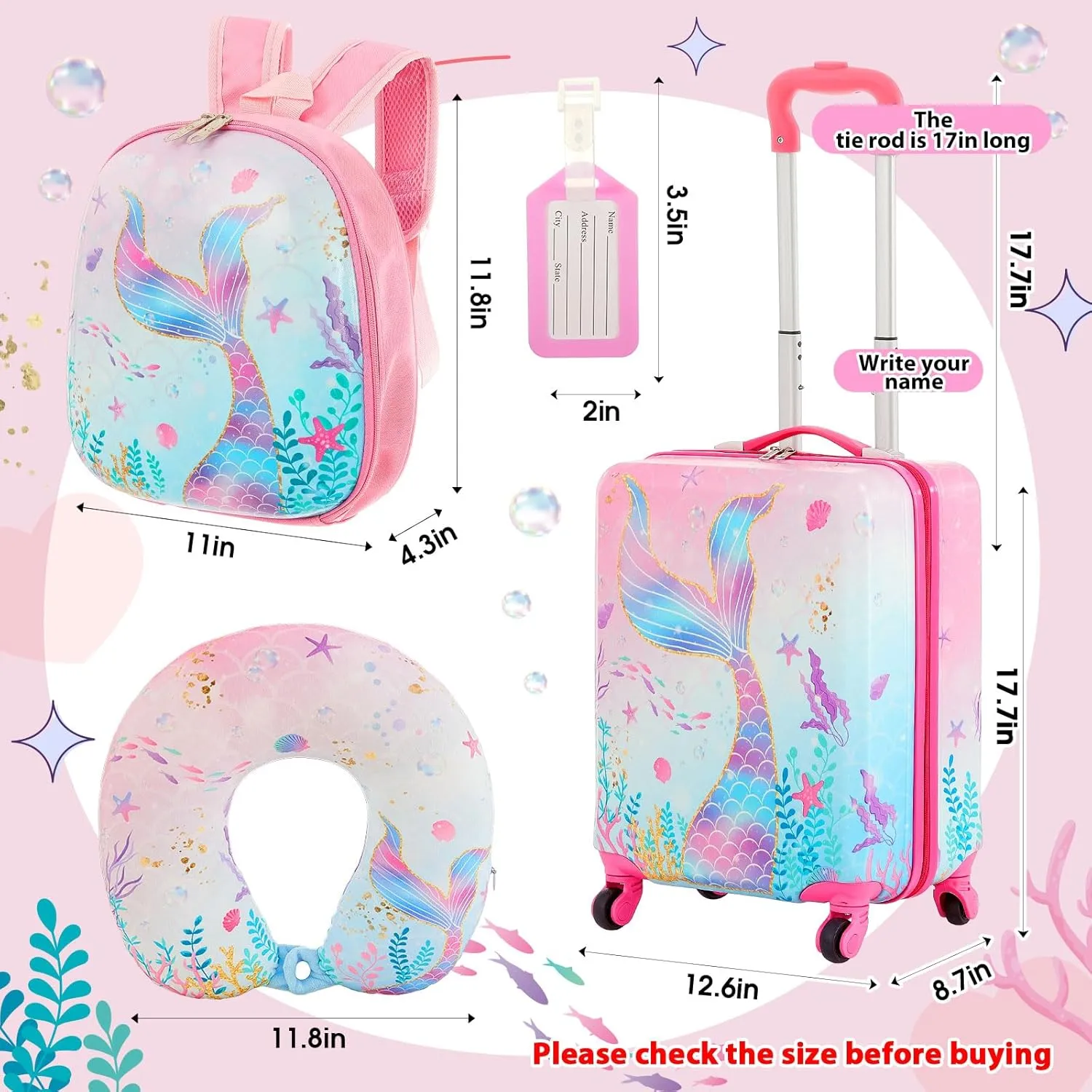 Sanwuta 4 Pcs Kids Luggage Set Kids Backpack Travel Rolling Suitcase with Wheels U-shape Pillow Childrens Gift for Girls Boys(17 Inch,Mermaid's Tail Style,Blue Purple)