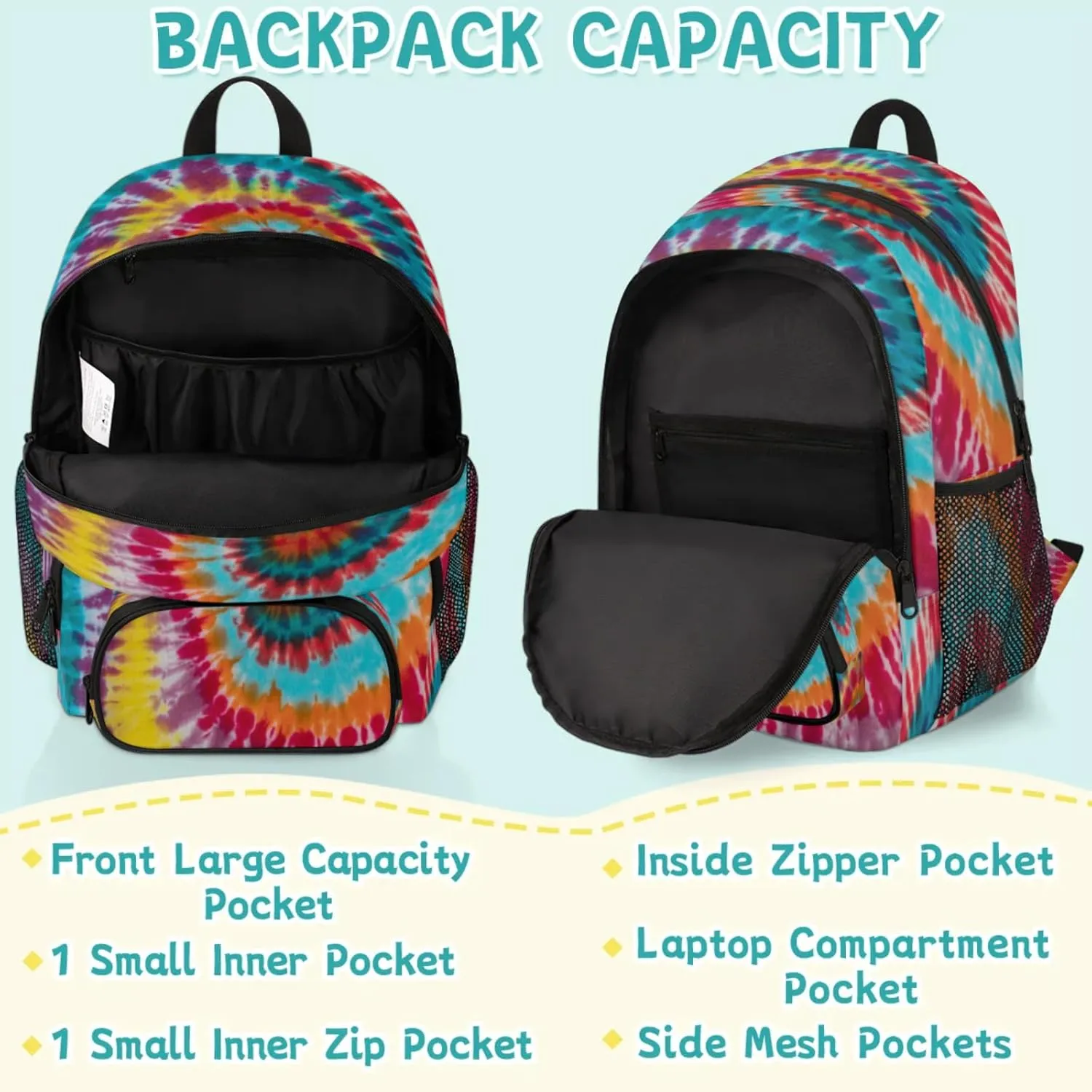 School Backpack for Men Women, Laptop Backpack Bookbag for Kids Students College Business Travel with Chest Strap 16.7 Inch(Tie Dye)