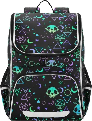 School Backpack Gothic Magic Symbols Skulls Travel Hiking Large Capacity Causal Daypack Bookbag Bag Laptop Schoolbag with Reflective Tape for Boys Girls Adults