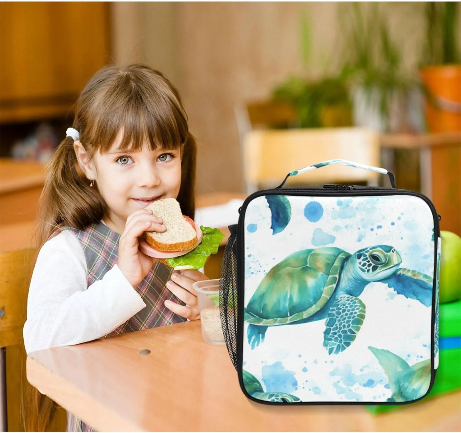 Sea Turtles Teal Lunch Box Insulated Lunch Bag Prep Kids Cooler Tote Freezable Shoulder Strap Waterproof Picnic Meal for School Office, 8541996862