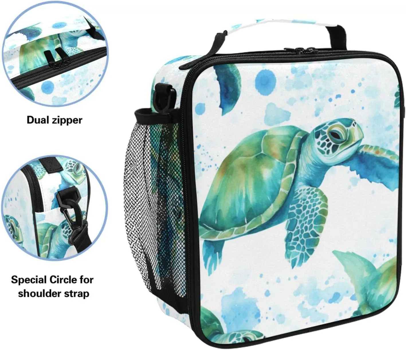 Sea Turtles Teal Lunch Box Insulated Lunch Bag Prep Kids Cooler Tote Freezable Shoulder Strap Waterproof Picnic Meal for School Office, 8541996862