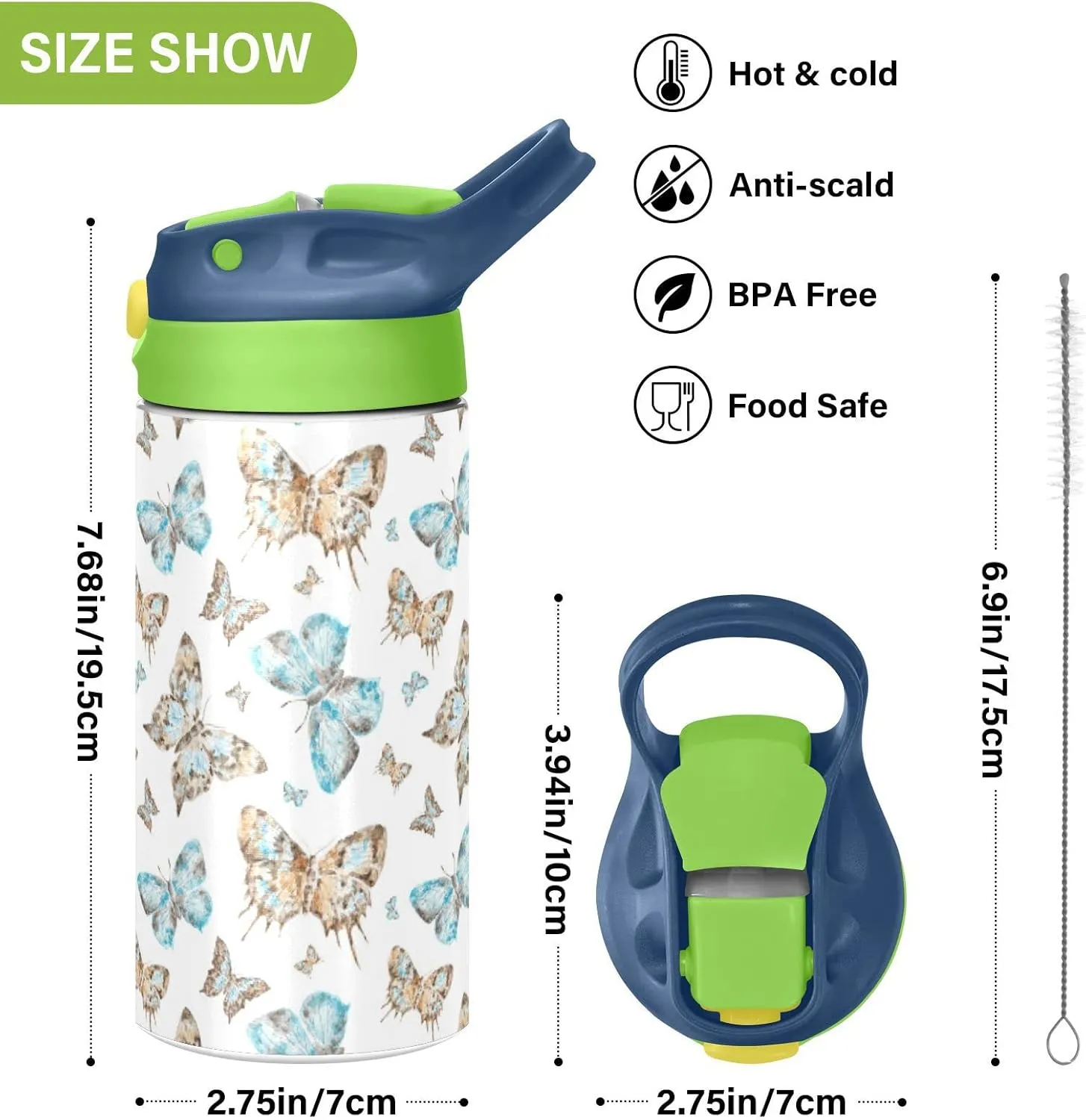 Seamless Brown Turquoise Watercolor Flying Butterflies on White Tumbler with Lid & Straw, Boys Girls Stainless Steel Double Wall Cup Water Bottle BPA-Free Vacuum Insulated Thermal Mug 11.8 Oz