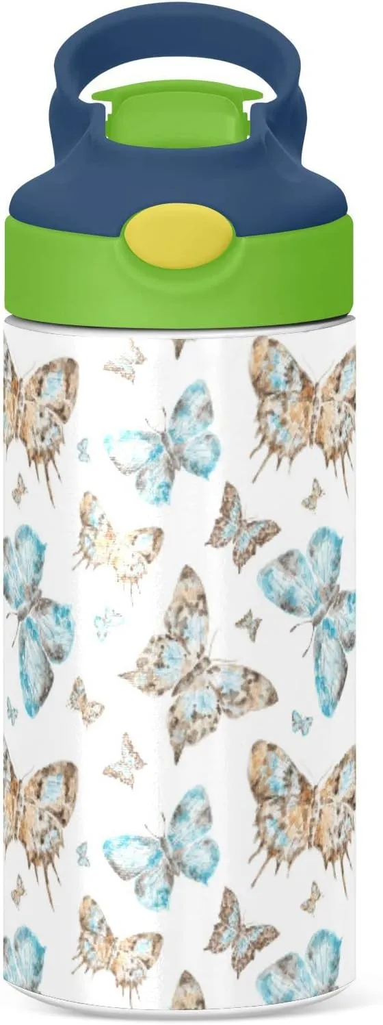 Seamless Brown Turquoise Watercolor Flying Butterflies on White Tumbler with Lid & Straw, Boys Girls Stainless Steel Double Wall Cup Water Bottle BPA-Free Vacuum Insulated Thermal Mug 11.8 Oz