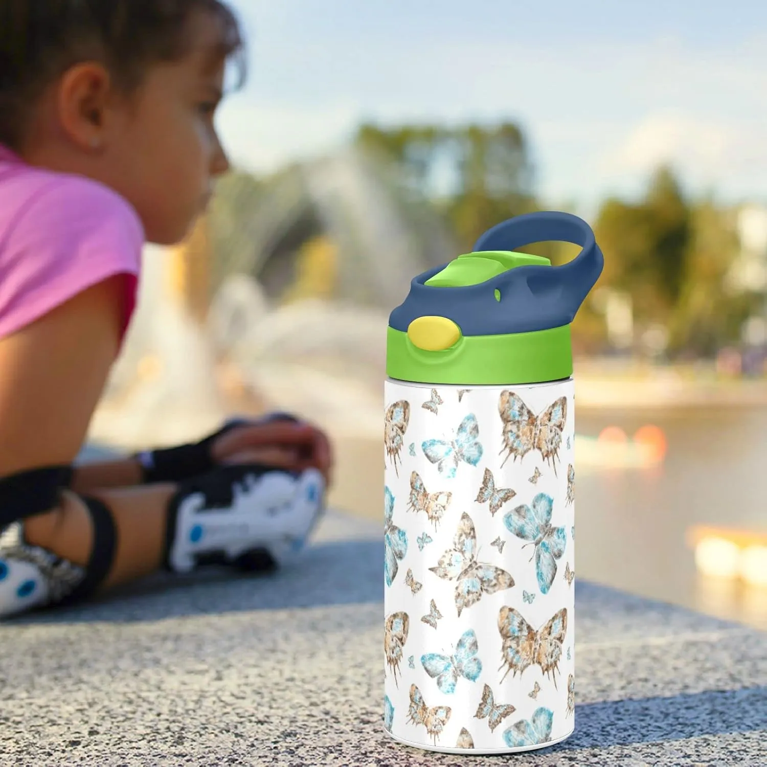 Seamless Brown Turquoise Watercolor Flying Butterflies on White Tumbler with Lid & Straw, Boys Girls Stainless Steel Double Wall Cup Water Bottle BPA-Free Vacuum Insulated Thermal Mug 11.8 Oz
