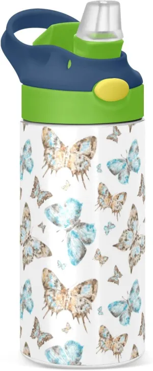 Seamless Brown Turquoise Watercolor Flying Butterflies on White Tumbler with Lid & Straw, Boys Girls Stainless Steel Double Wall Cup Water Bottle BPA-Free Vacuum Insulated Thermal Mug 11.8 Oz
