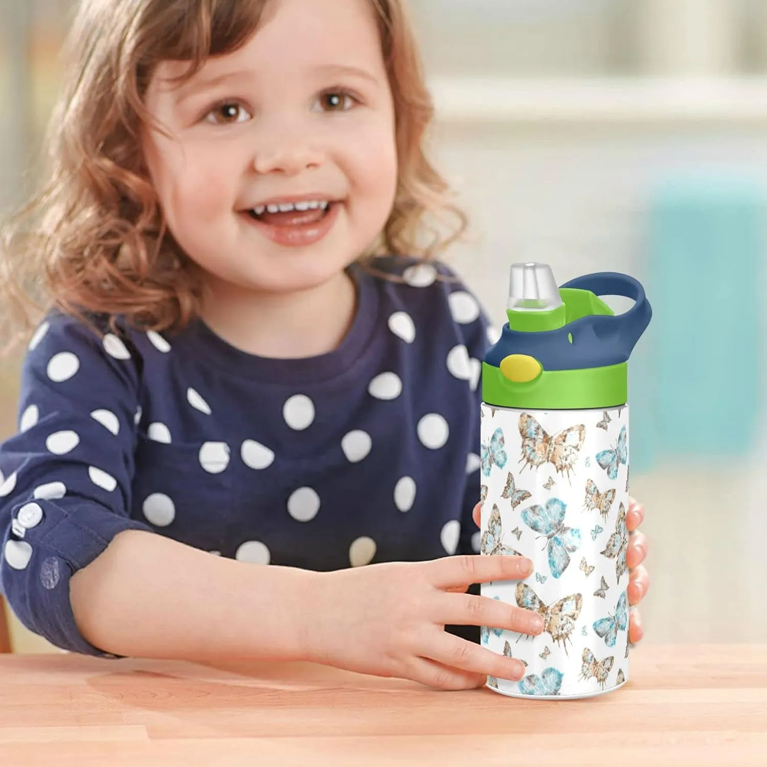 Seamless Brown Turquoise Watercolor Flying Butterflies on White Tumbler with Lid & Straw, Boys Girls Stainless Steel Double Wall Cup Water Bottle BPA-Free Vacuum Insulated Thermal Mug 11.8 Oz