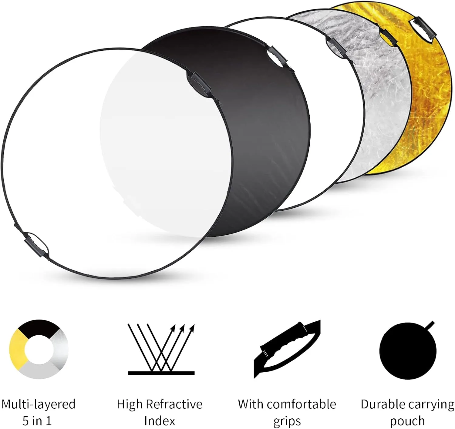 Selens 32 Inch (80cm) Reflector Photography, Collapsible Light Reflector with Carrying Case, 5 in 1 Handle Reflector for Photography Photo Studio Lighting -Translucent, Silver, Gold, White and Black