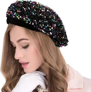 seven wolves Women's Fashion Fun Sparkle Sequins Shimmer Stretch Beret Beanie Hat