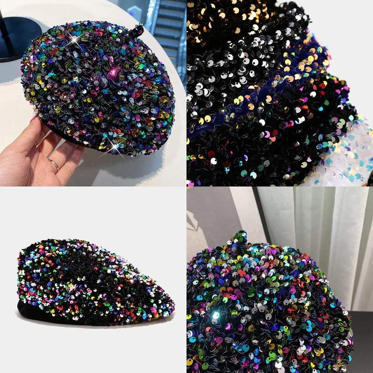 seven wolves Women's Fashion Fun Sparkle Sequins Shimmer Stretch Beret Beanie Hat