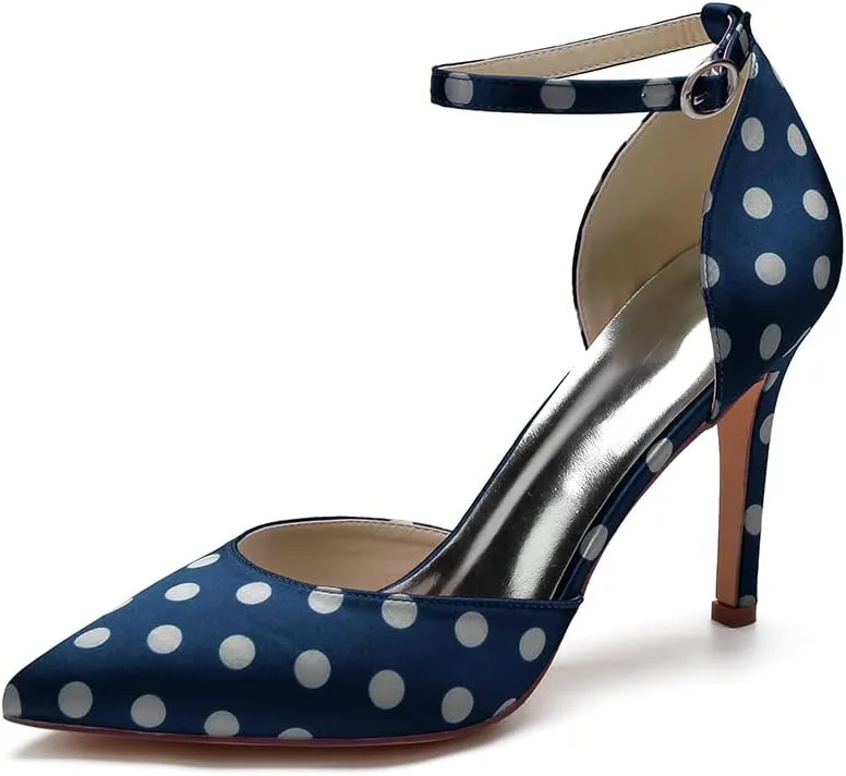 SH. SHUTUP.DANCE Womens Polka Dots Party Pumps Ankle Strap Wedding Shoes Pointed Toe Bridal Heels 9.5CM
