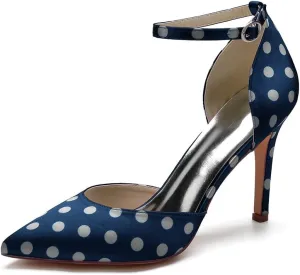SH. SHUTUP.DANCE Womens Polka Dots Party Pumps Ankle Strap Wedding Shoes Pointed Toe Bridal Heels 9.5CM