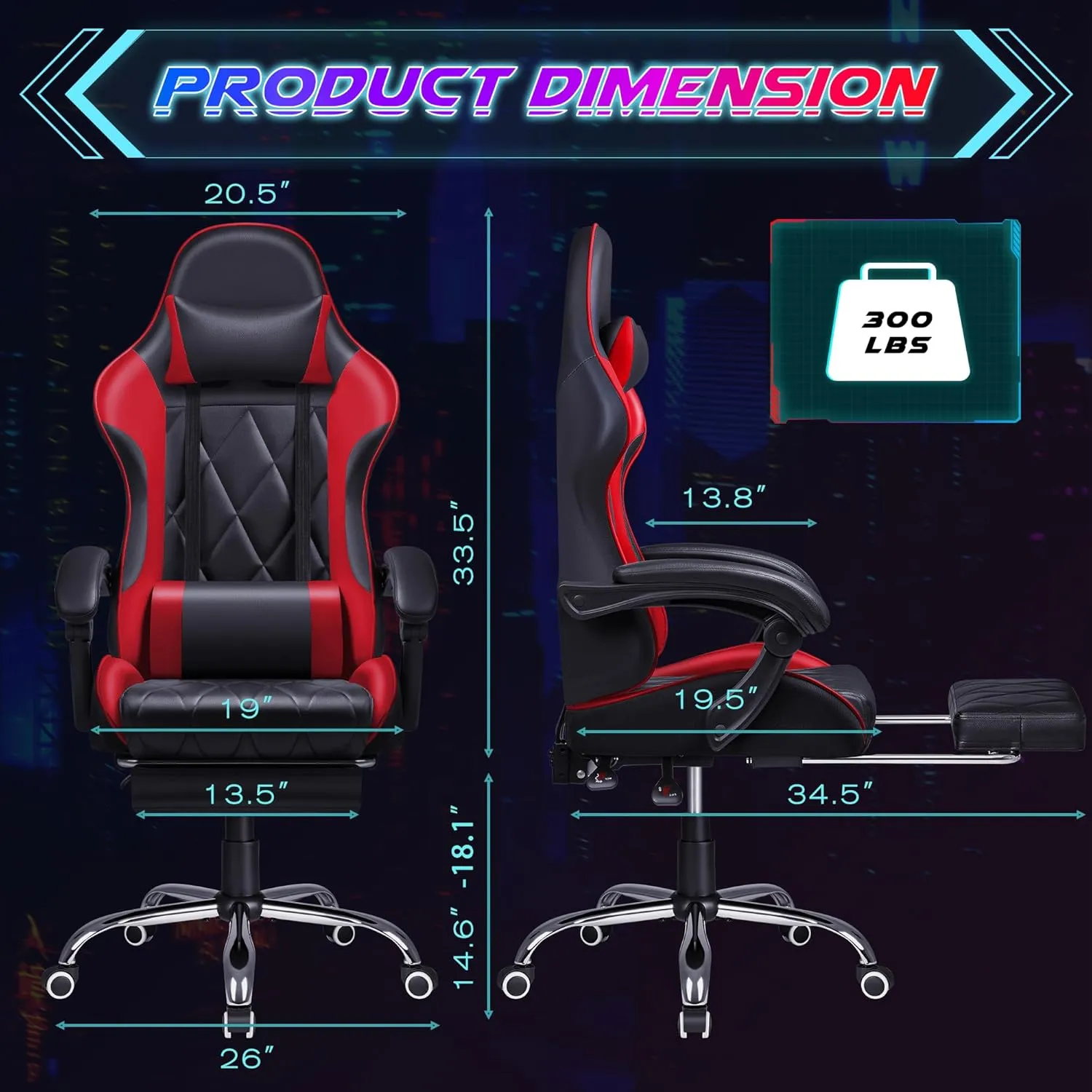 Shahoo Gaming Chair with Footrest and Massage Lumbar Support, Ergonomic Computer Seat Height Adjustable with 360°Swivel and Headrest, Red