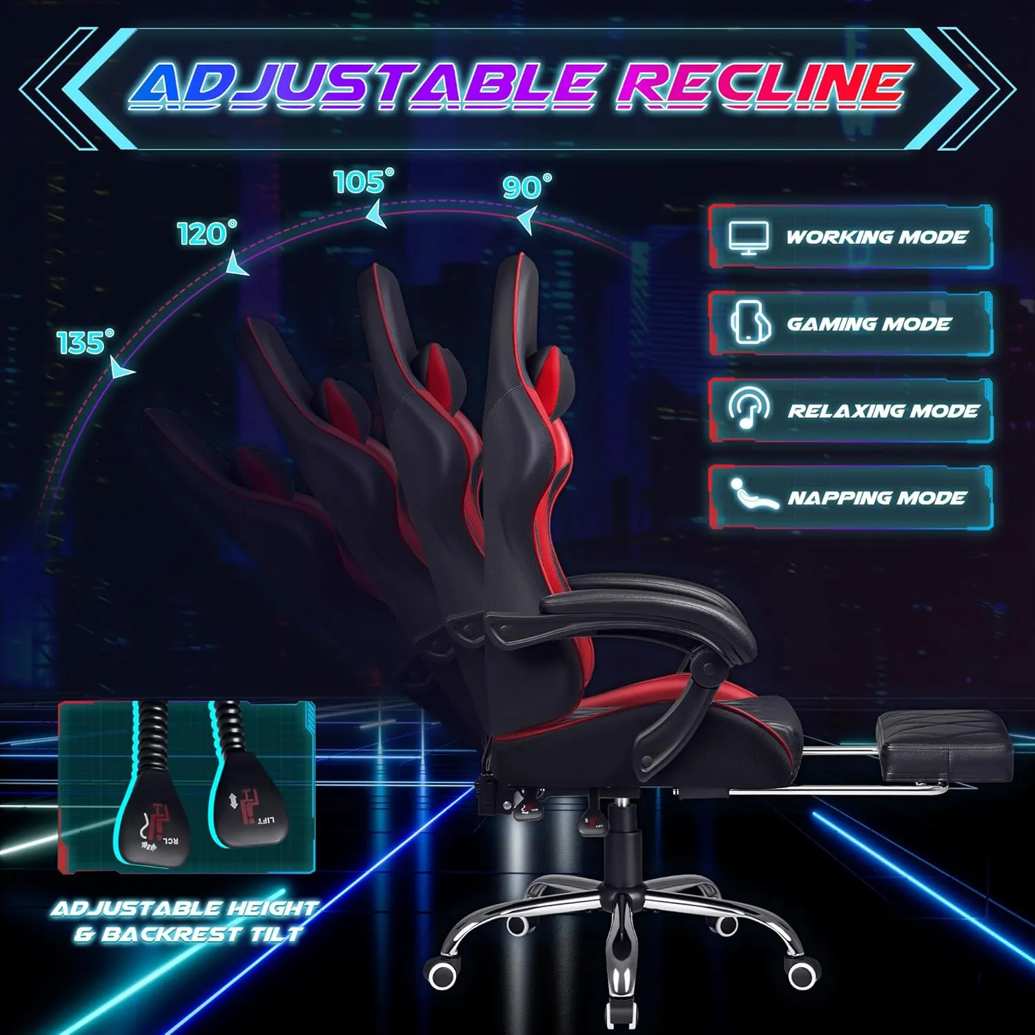 Shahoo Gaming Chair with Footrest and Massage Lumbar Support, Ergonomic Computer Seat Height Adjustable with 360°Swivel and Headrest, Red