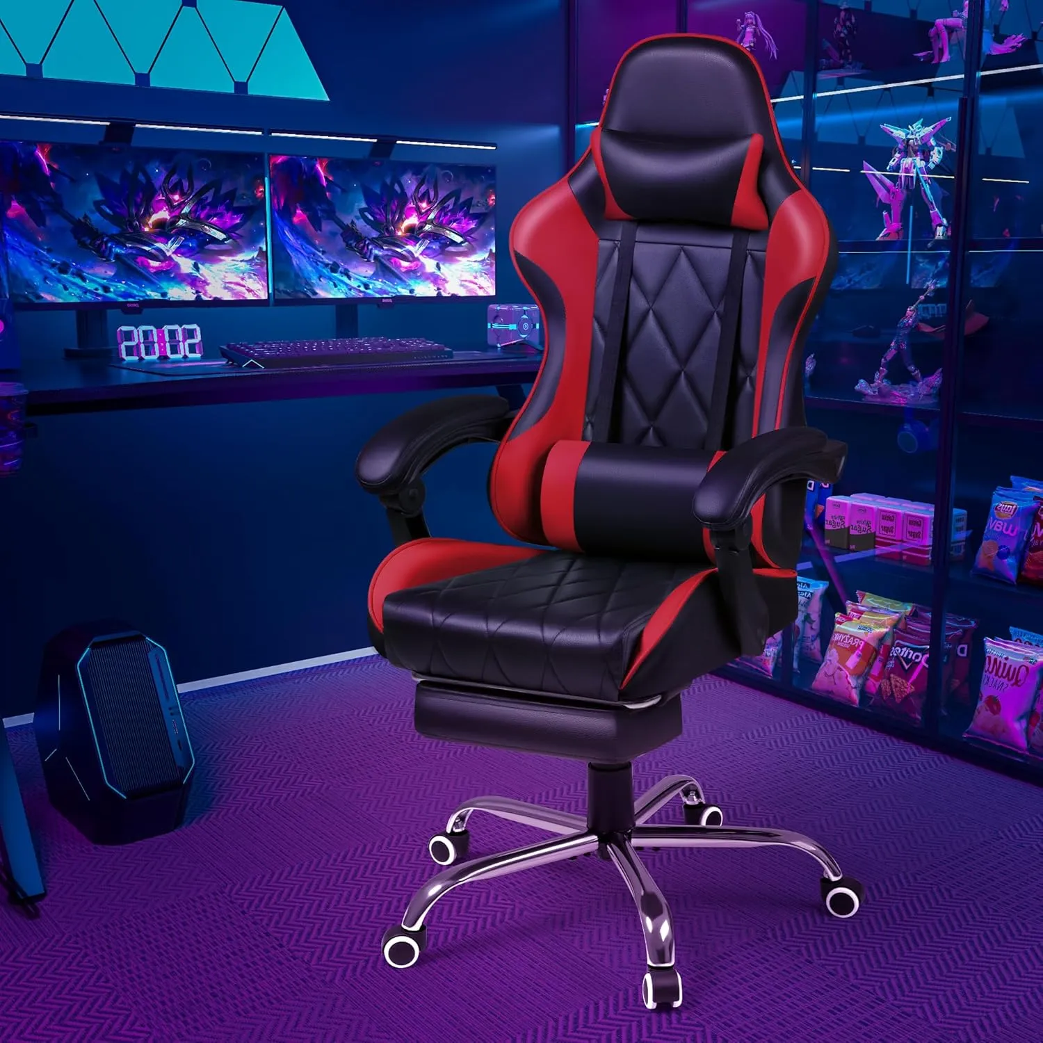 Shahoo Gaming Chair with Footrest and Massage Lumbar Support, Ergonomic Computer Seat Height Adjustable with 360°Swivel and Headrest, Red