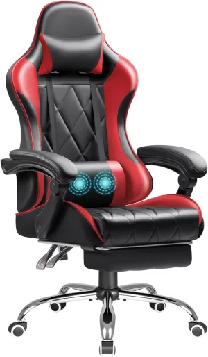 Shahoo Gaming Chair with Footrest and Massage Lumbar Support, Ergonomic Computer Seat Height Adjustable with 360°Swivel and Headrest, Red