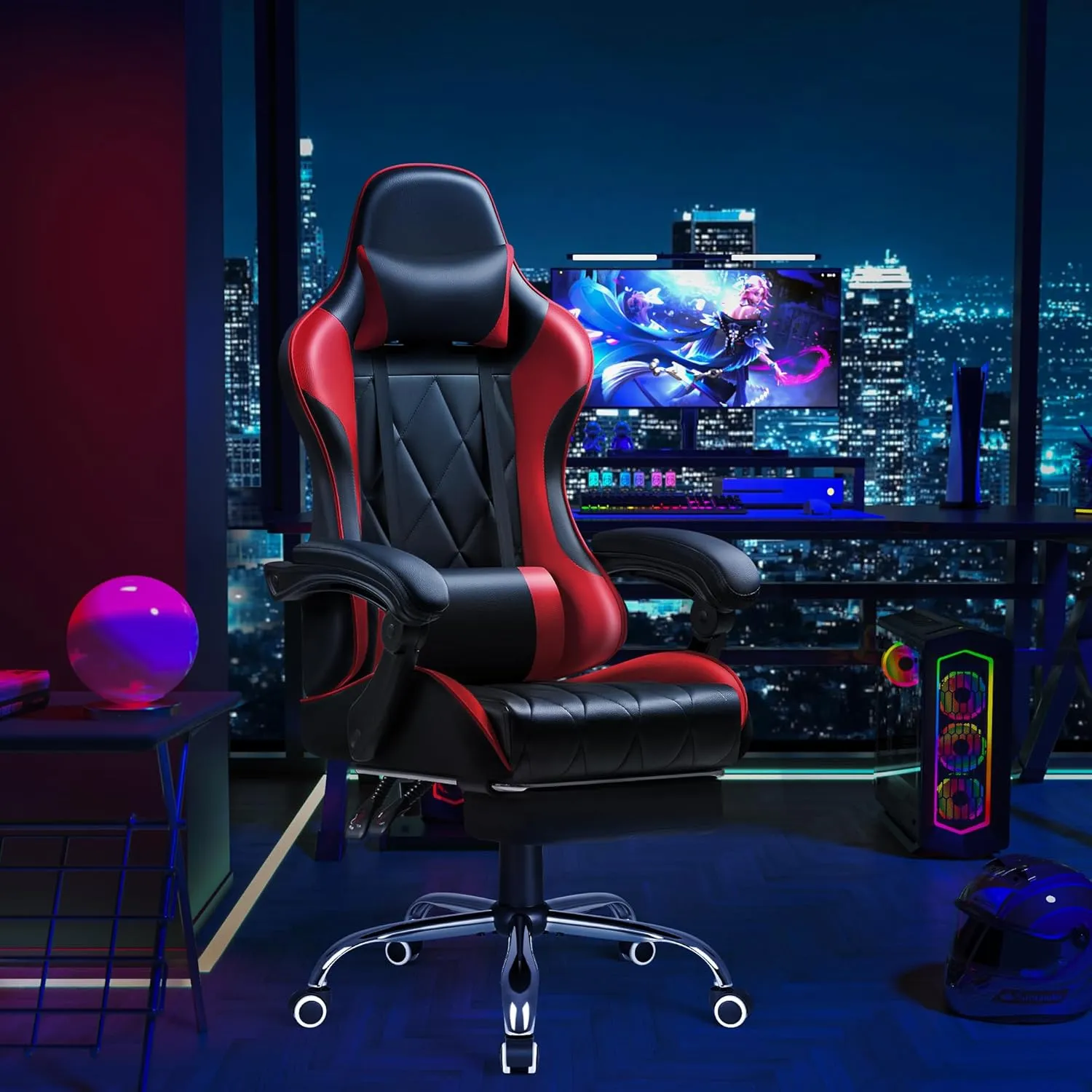 Shahoo Gaming Chair with Footrest and Massage Lumbar Support, Ergonomic Computer Seat Height Adjustable with 360°Swivel and Headrest, Red