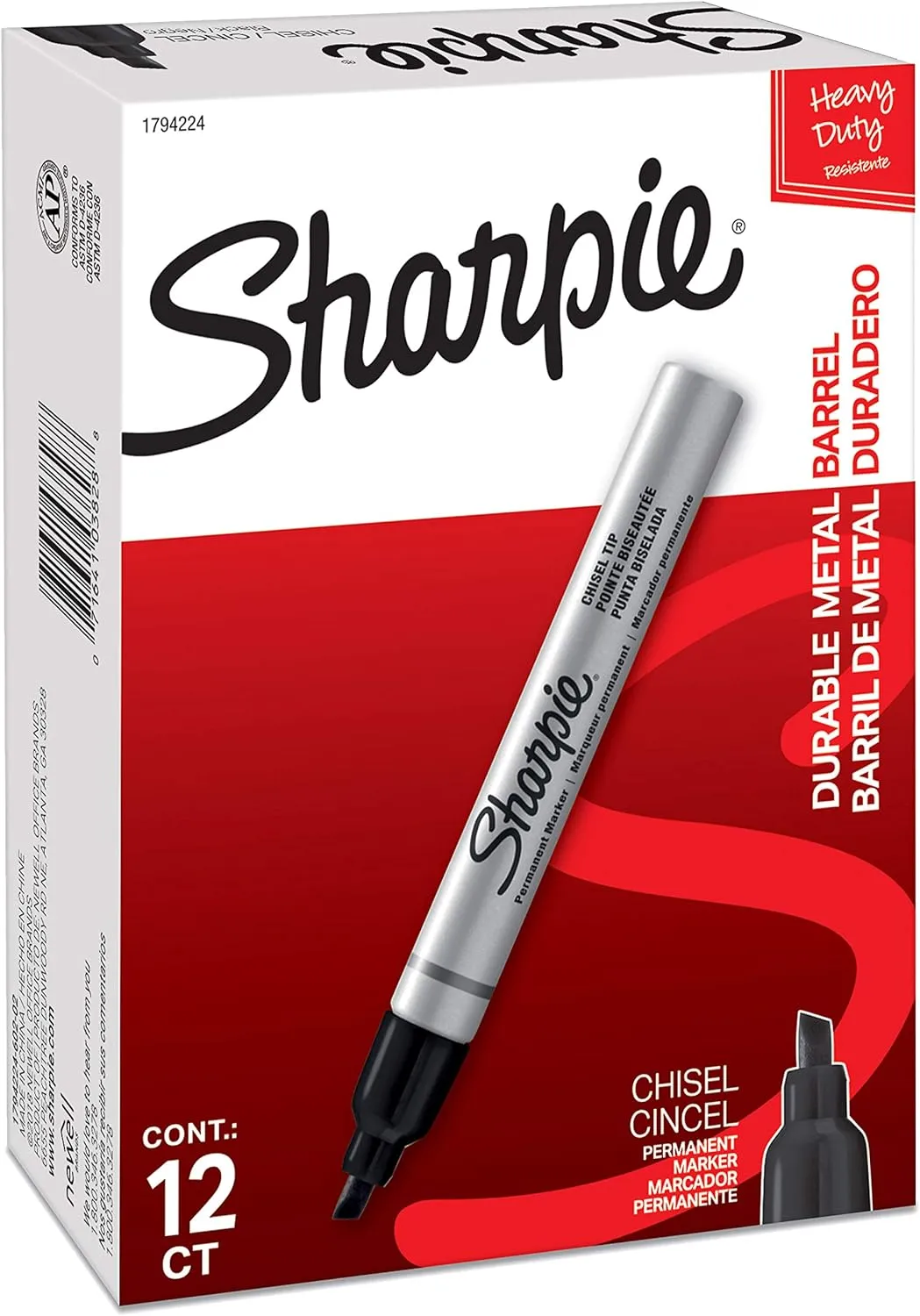 SHARPIE Metal Barrel Permanent Markers, Chisel Tip, Black, 12 Count