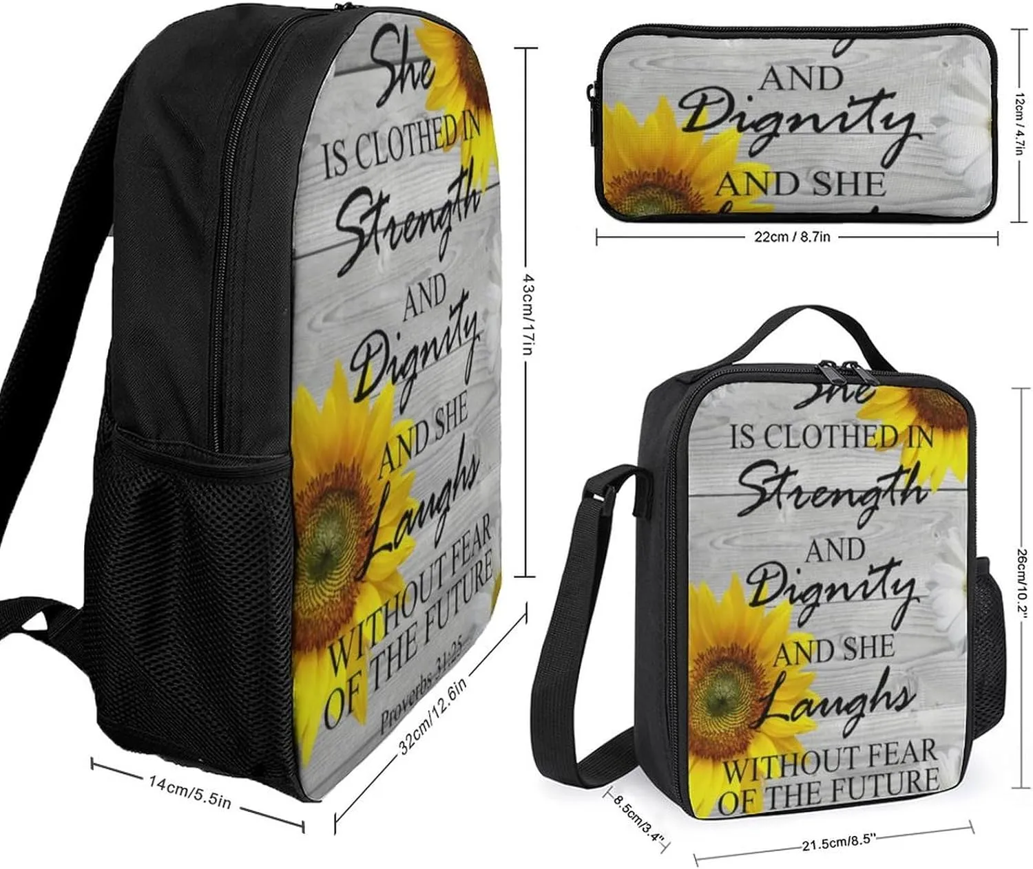 She Is Clothed in Strength And Dignity Proverbs Pattern Shoulder Backpack Diagonal Lunch Bag Pencil Case Set