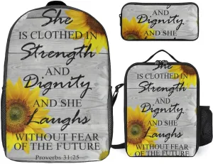 She Is Clothed in Strength And Dignity Proverbs Pattern Shoulder Backpack Diagonal Lunch Bag Pencil Case Set