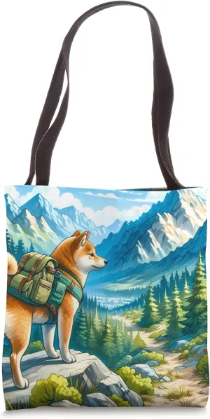 Shiba Inu Hikes Mountainous Trail. Backpack Mountains Hiking Tote Bag