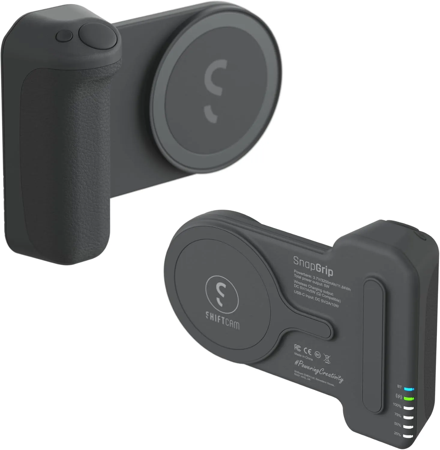 ShiftCam SnapGrip - Mobile Phone Camera Grip with Wireless Shutter Button - Magnetic Mount Snaps on to Any Phone - Built in Powerbank with Qi Wireless Charging - Tabletop Dock | Midnight