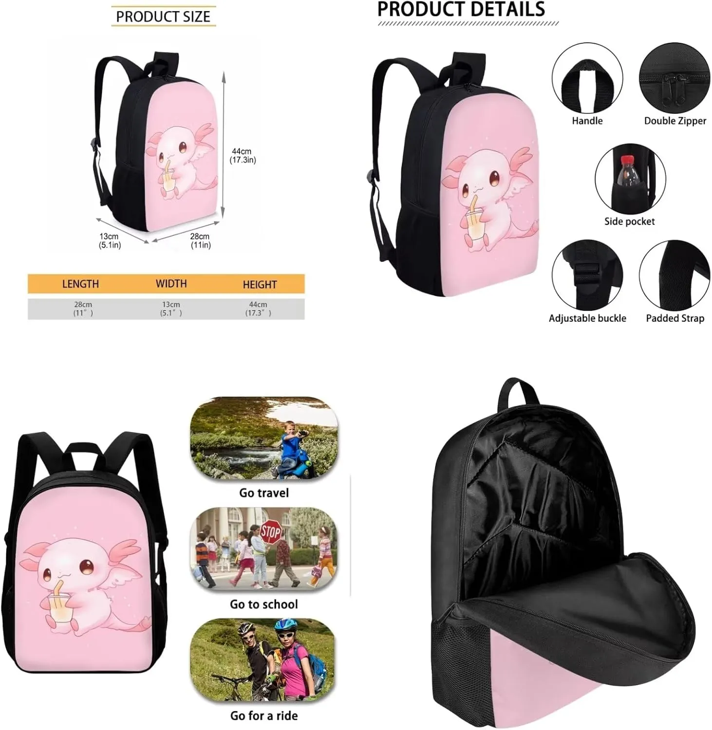 Showudesigns Cute Axolotl School Bag Set for Girls 8-10 Elementary Backpack Lunch Box Pencil Case Kids Bookbag 3Rd 4Th 5Th 6Th Grade Teenager Book Back Pack Middle School Students Bookbags Pink