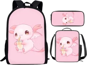Showudesigns Cute Axolotl School Bag Set for Girls 8-10 Elementary Backpack Lunch Box Pencil Case Kids Bookbag 3Rd 4Th 5Th 6Th Grade Teenager Book Back Pack Middle School Students Bookbags Pink