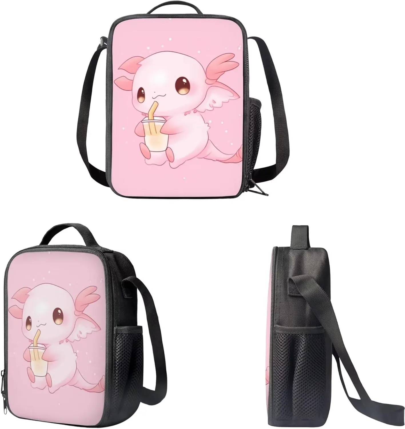 Showudesigns Cute Axolotl School Bag Set for Girls 8-10 Elementary Backpack Lunch Box Pencil Case Kids Bookbag 3Rd 4Th 5Th 6Th Grade Teenager Book Back Pack Middle School Students Bookbags Pink