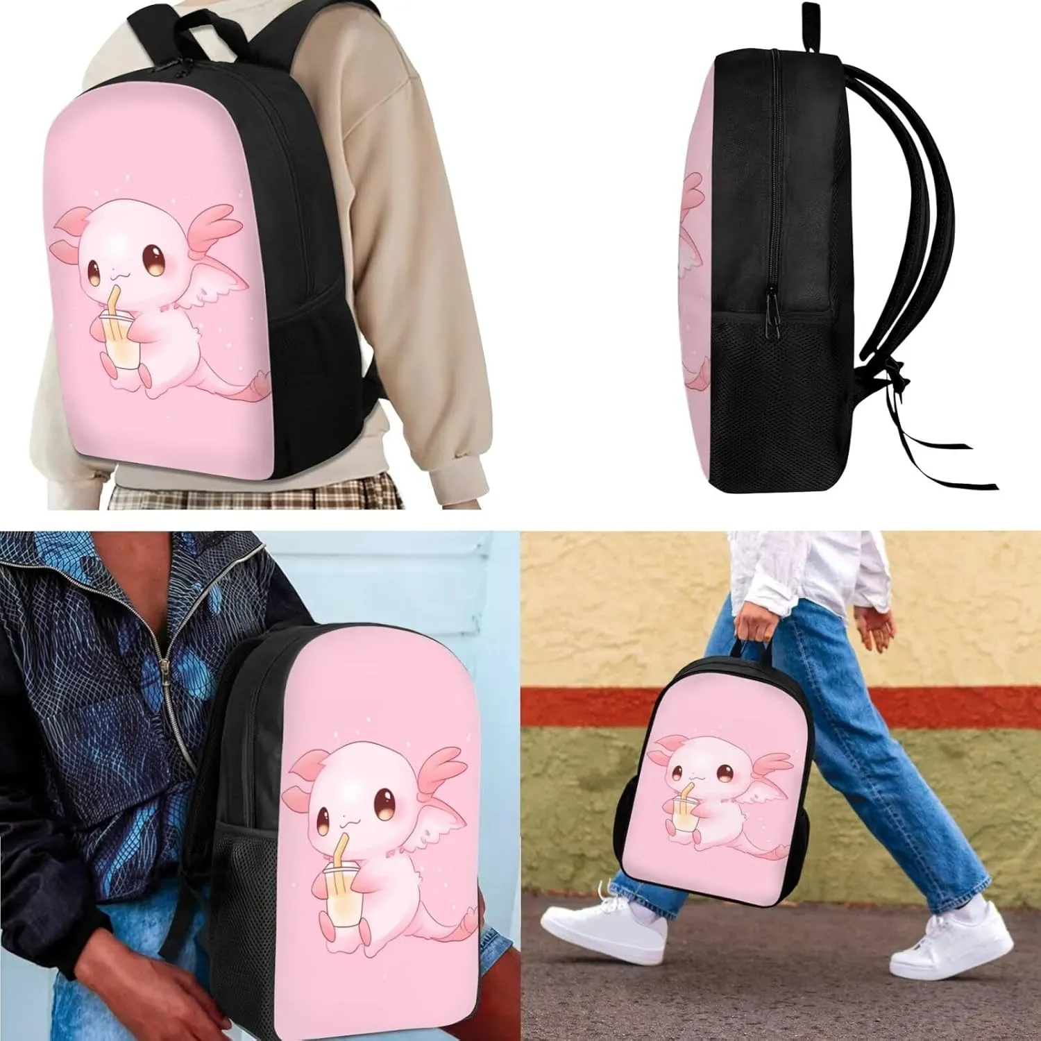 Showudesigns Cute Axolotl School Bag Set for Girls 8-10 Elementary Backpack Lunch Box Pencil Case Kids Bookbag 3Rd 4Th 5Th 6Th Grade Teenager Book Back Pack Middle School Students Bookbags Pink