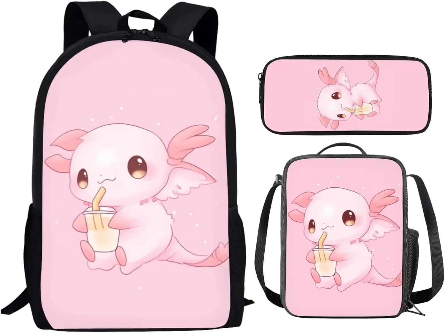 Showudesigns Cute Axolotl School Bag Set for Girls 8-10 Elementary Backpack Lunch Box Pencil Case Kids Bookbag 3Rd 4Th 5Th 6Th Grade Teenager Book Back Pack Middle School Students Bookbags Pink