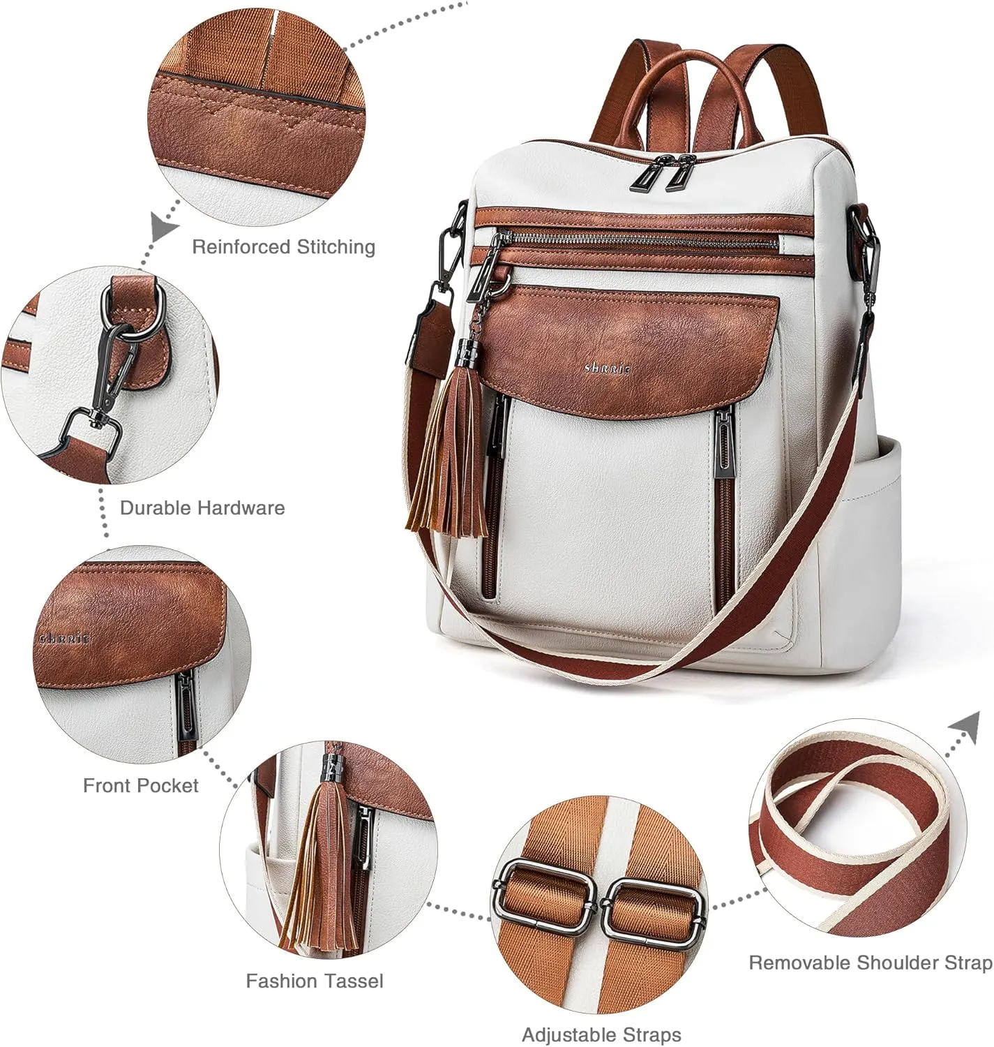 Shrrie Backpack Purse for Women Fashion Leather Backpack Purse Designer Travel Backpack Convertible Shoulder Bag with Wristlet