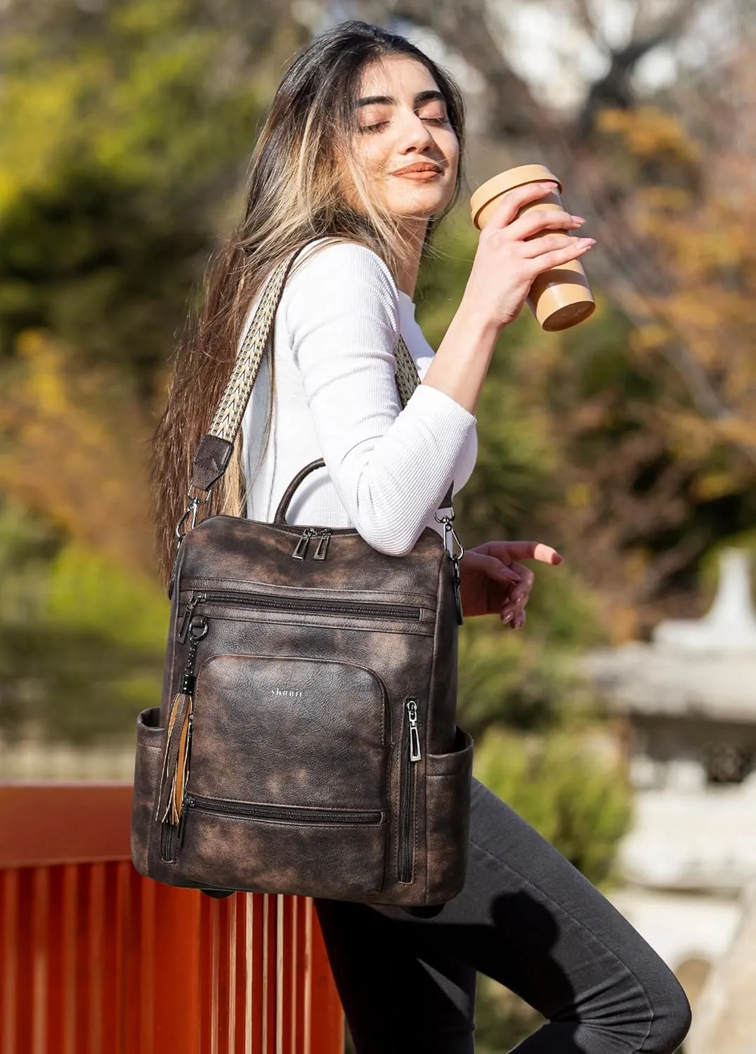 Shrrie Vegan Leather Laptop Backpack for Women 15.6 inch Work Backpack Fashion Travel Backpack Purse for Travel College Work