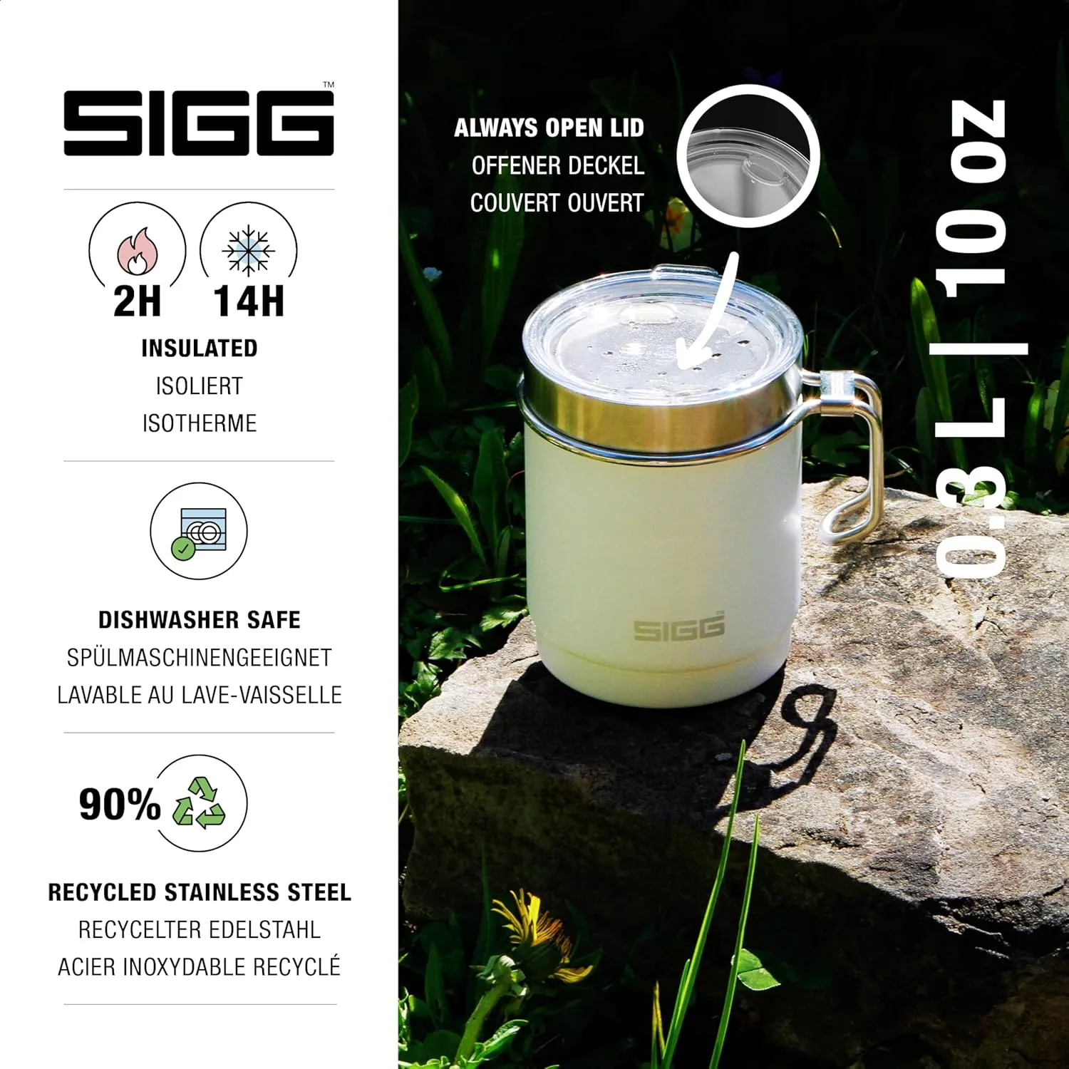 SIGG - Camping Mug with Lid - Double-Wall Insulated - Recycled Stainless Steel - Stackable - Hook Handle - Hiking, 10Oz