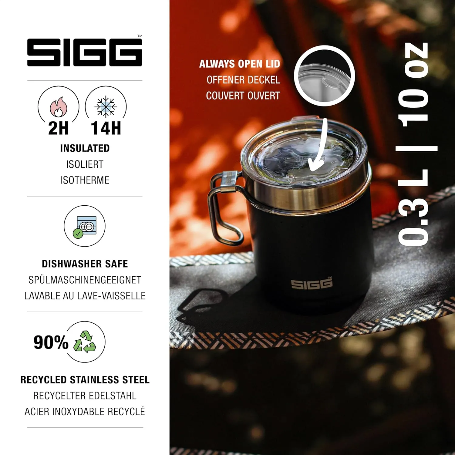 SIGG - Camping Mug with Lid - Double-Wall Insulated - Recycled Stainless Steel - Stackable - Hook Handle - Hiking, 10Oz
