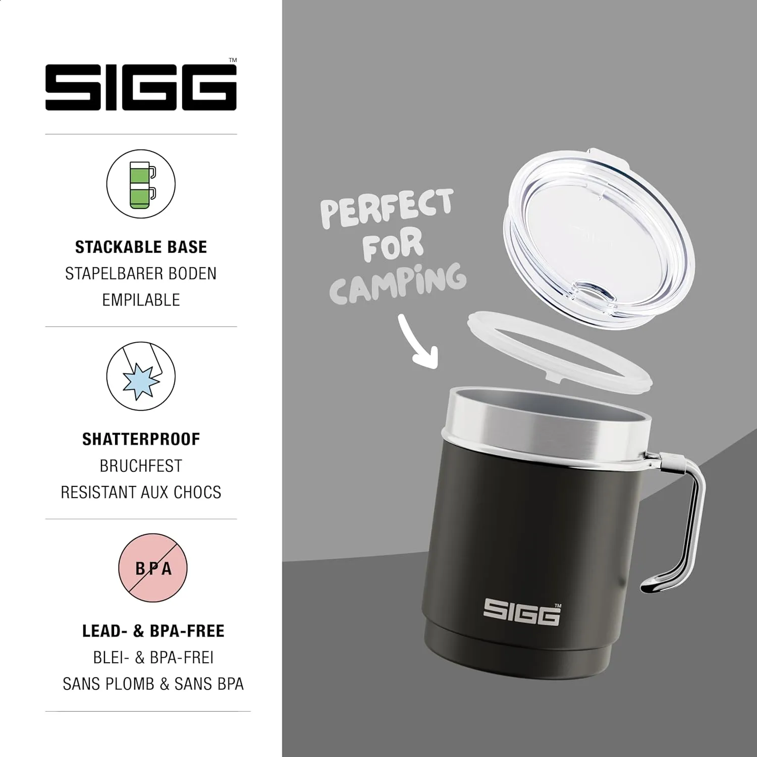 SIGG - Camping Mug with Lid - Double-Wall Insulated - Recycled Stainless Steel - Stackable - Hook Handle - Hiking, 10Oz