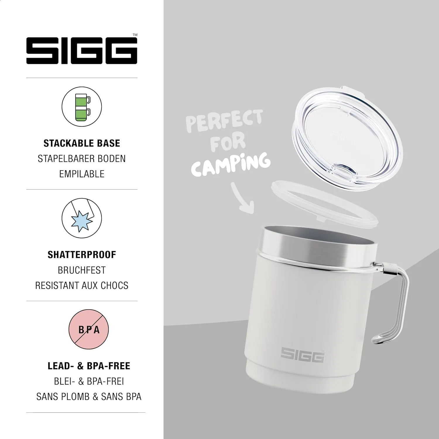 SIGG - Camping Mug with Lid - Double-Wall Insulated - Recycled Stainless Steel - Stackable - Hook Handle - Hiking, 10Oz