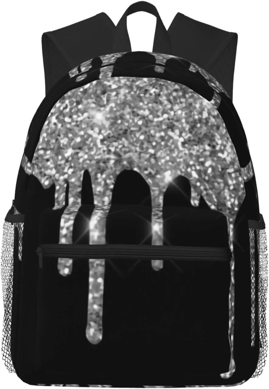 Silver Glitter Drips Sparkle Black Lightweight Packable Backpack Travel Casual Daypack Foldable Laptop Bag Backpack For Men Women