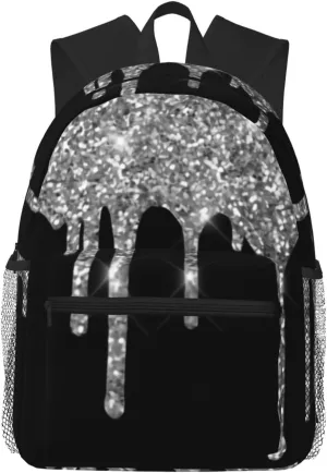 Silver Glitter Drips Sparkle Black Lightweight Packable Backpack Travel Casual Daypack Foldable Laptop Bag Backpack For Men Women