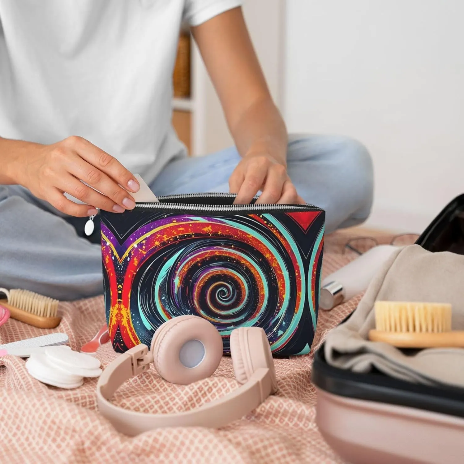 Silver Leather Travel Toiletry Bag â€“ Space Spiral Cosmic Reusable Makeup Organizer, Zippered Canvas Pouch for Daily Essentials
