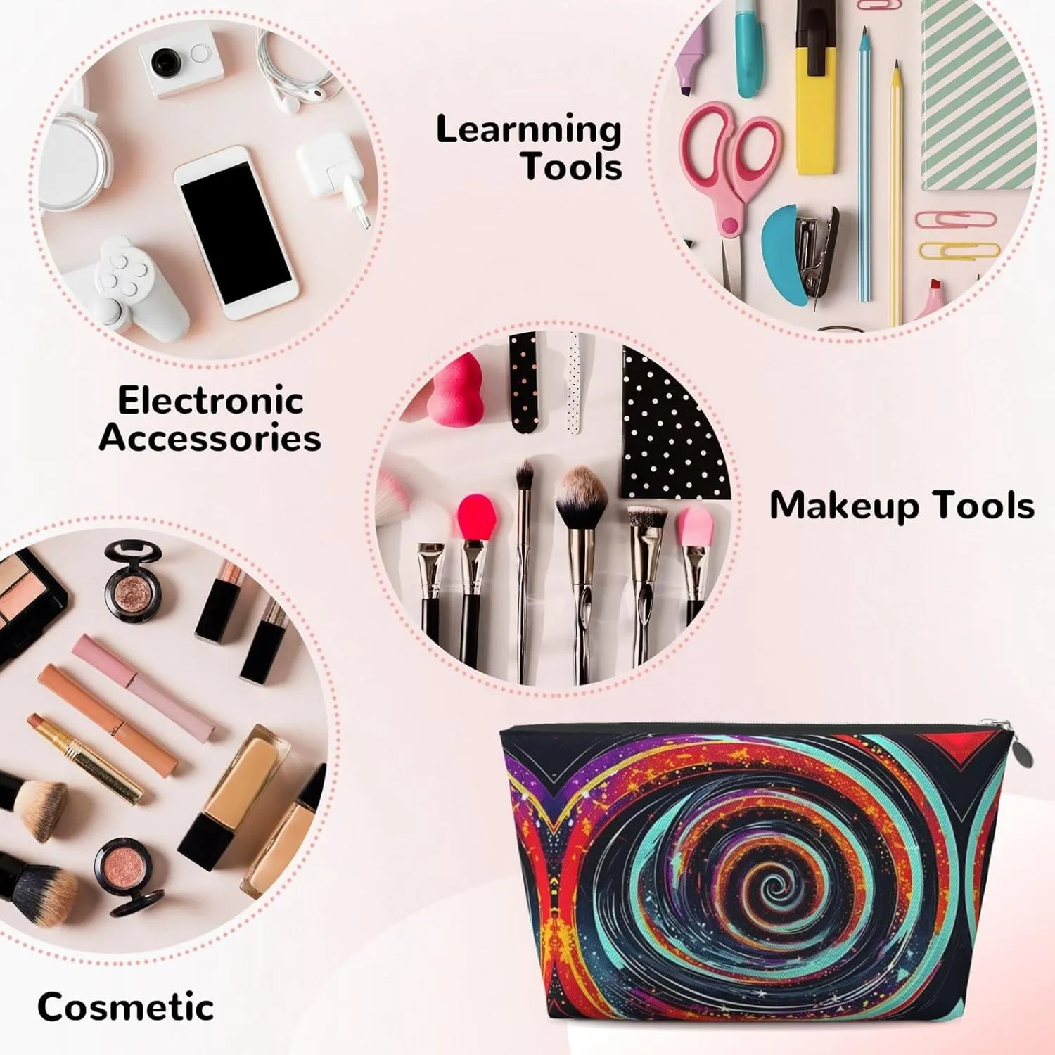 Silver Leather Travel Toiletry Bag â€“ Space Spiral Cosmic Reusable Makeup Organizer, Zippered Canvas Pouch for Daily Essentials