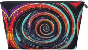 Silver Leather Travel Toiletry Bag â€“ Space Spiral Cosmic Reusable Makeup Organizer, Zippered Canvas Pouch for Daily Essentials