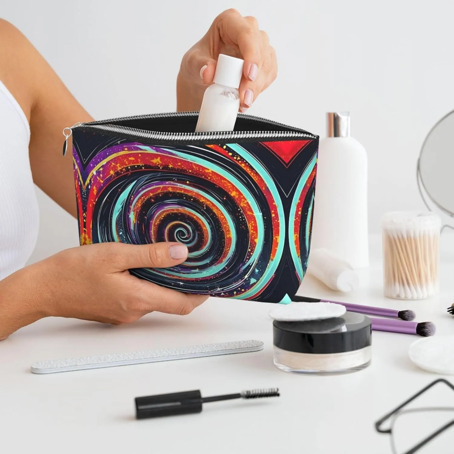 Silver Leather Travel Toiletry Bag â€“ Space Spiral Cosmic Reusable Makeup Organizer, Zippered Canvas Pouch for Daily Essentials