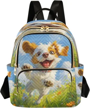 Sinestour Puppy Flower Green Field Women Backpack Purse Large Capacity Casual Daypack Leather Handle Travel Work College Backpack