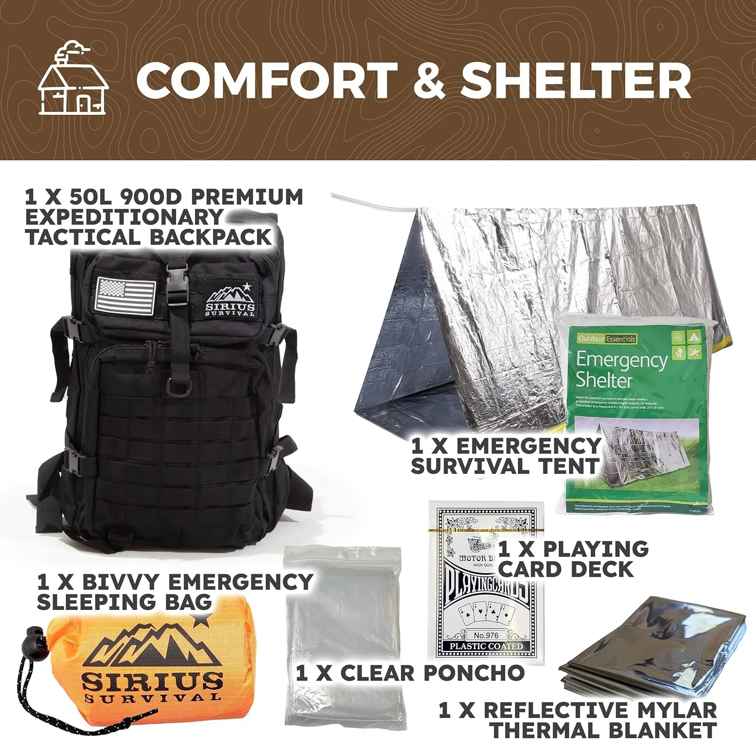 Sirius: Bug Out Bag Starter Kit - 72 Hour Kit for 1 Person – Backpack Survival Kit – 50L Tactical Backpack, US Made Food & Water, Medical Supplies & Survival Tools
