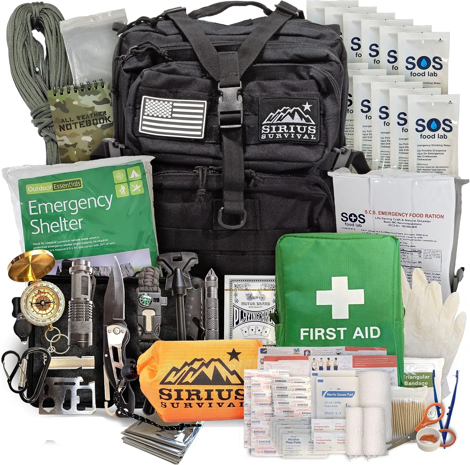 Sirius: Bug Out Bag Starter Kit - 72 Hour Kit for 1 Person – Backpack Survival Kit – 50L Tactical Backpack, US Made Food & Water, Medical Supplies & Survival Tools