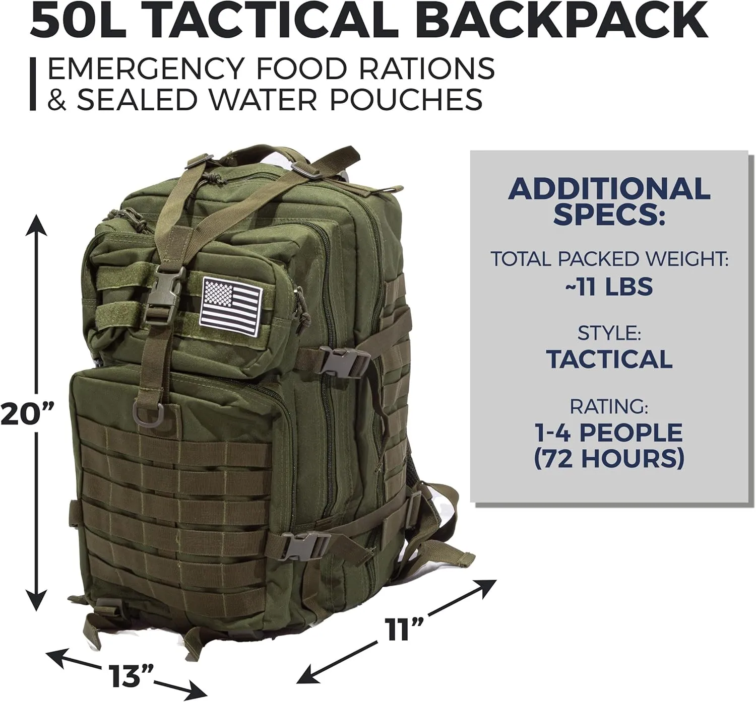 Sirius: Bug Out Bag Starter Kit - 72 Hour Kit for 1 Person – Backpack Survival Kit – 50L Tactical Backpack, US Made Food & Water, Medical Supplies & Survival Tools