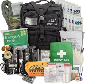 Sirius: Bug Out Bag Starter Kit - 72 Hour Kit for 1 Person – Backpack Survival Kit – 50L Tactical Backpack, US Made Food & Water, Medical Supplies & Survival Tools